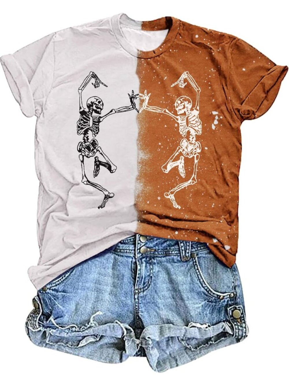 🆕 Women's Multicolor Dancing Skeleton Halloween Split Colorblock Graphic Tee